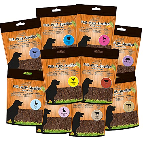 PUR Plus Streifen Testpaket 10 Verschiedene Sorten - je 1 Packung mit 100 g wie Pferd, REH, Gans, Rind und so weiter PUR Plus Streifen Testpaket 10 Verschiedene Sorten - je 1 Packung mit 100 g wie Pferd, REH, Gans, Rind und so weiter von Schecker
