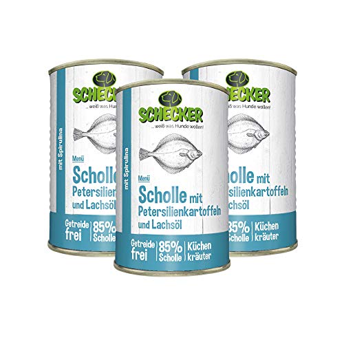 Schecker Nassfutter für Hunde - Hundemenü Scholle mit Lachsöl -3 x 410 g - 85% Scholle - getreidefrei - Spirulina von Schecker