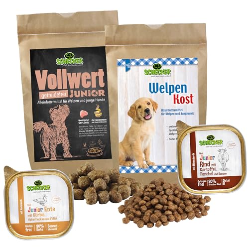 Schecker Hundefutter - Probierpaket für Welpen - 2 x Trockenfutter und 2 x Nassfutter zum Testen- 1kg - mit Huhn- Rind und Ente Schecker Hundefutter - Probierpaket für Welpen - 2 x Trockenfutter und 2 x Nassfutter zum Testen- 1kg - mit Huhn- Rind und Ente von Schecker