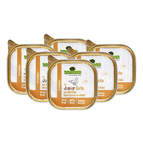 Schecker Nassfutter - Hundemenü Junior Ente mit Kürbis, Haferflocken und Vollei - 6 x 200 g - Welpenfutter - mit 80% Ente Schecker Nassfutter - Hundemenü Junior Ente mit Kürbis, Haferflocken und Vollei - 6 x 200 g - Welpenfutter - mit 80% Ente von Schecker