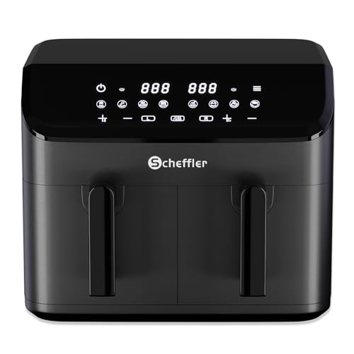 Scheffler Heißluftfritteuse 2 kammern 9L (2x4.5L), 2000W Airfryer mit 2 Fächer, Doppelkammerh, Dual Cook & Sync Finish, 8 Programme, Touchscreen, Air Fryers Heissluftfriteuse XXL Friteuse Ohne öl von Scheffler