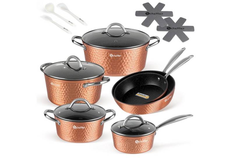 Scheffler Topf-Set 15 tlg Topfset Induktion, Antihaftbeschichtung Töpfe mit Glasdeckel, Aluminium (Set, 24/28 cm Pfannen + 20/24/28 cm Kochtöpfe + 16cm Kasserolle), Induktion von Scheffler