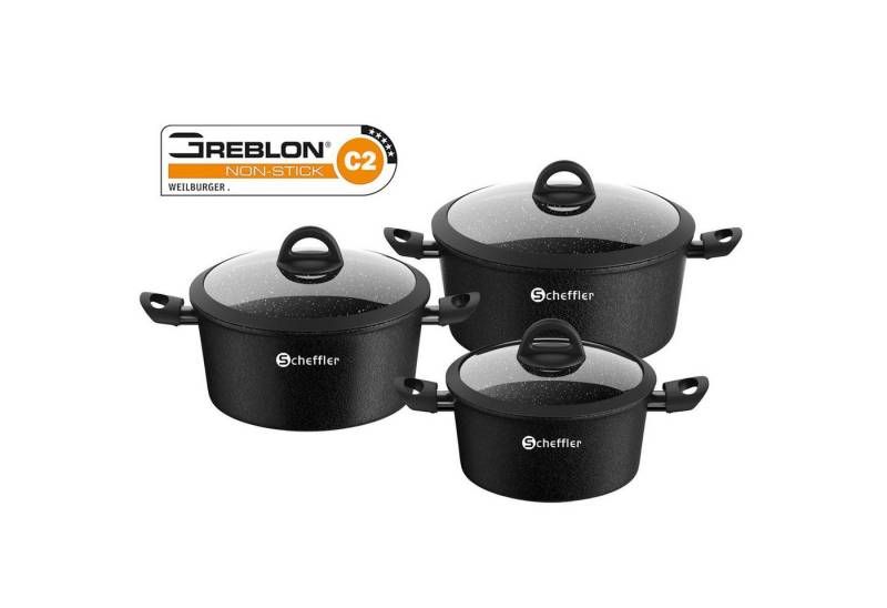 Scheffler Topf-Set 6tlg Induktions Töpfe Set Schwarze Antihaftbeschichtung mit Glasdeckel, Aluminium (Set, 6-tlg., Ø20 2,4L/Ø24 4,4L/Ø28 6,5L Töpfe Set mit Glasdeckel), Induktionsgeeignet von Scheffler