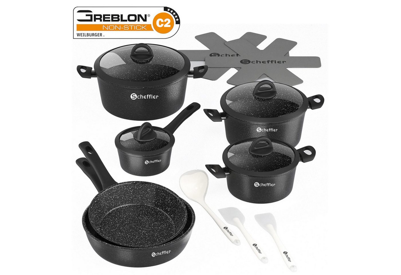 Scheffler Topf-Set Topf-Set 15tlg Antihaft Kochgeschirr-Set mit Zubehör und Glasdeckeln, Aluminiumguss (15-tlg., Topfset,3xKochtopf,1xSoßentopf,2xBratpfanne,4xGlasdeckel,5xZubehör), Antihaft-Beschichtung von Scheffler