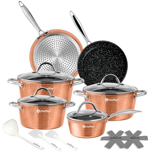 Topfset, Scheffler Topfset Induktion 15-teilig, Induktions Töpfe Set, Töpfe mit Glasdeckel, Kochtopf-Set, Töpfe und Pfannen, Induktionsgeeignet, Edelstahl Griff-Copper von Scheffler