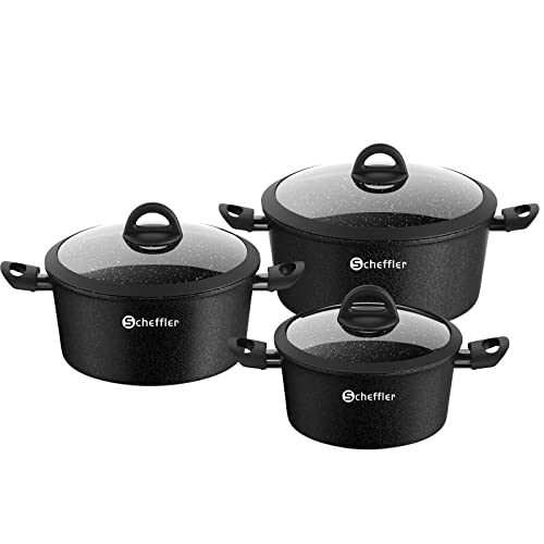 Topfset Induktions Scheffler Kochtopf Induktion Töpfe Set 6-teilig,Antihaft-beschichtete Topfe,Kochtopf Set mit Glasdeckel,Spülmaschinenfest-Black(HL-21PS62) von Scheffler