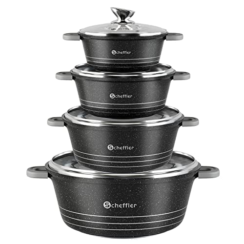 Topfset Scheffler 20cm,2.2L&24cm,4L&28cm,6L&32cm,10L, Kochtopf Set Induktions Töpfe Set mit Glasdeckel, mit Antihaftbeschichtung, Töpfe kochtöpfe Induktion, Spülmaschinengeeignet von Scheffler