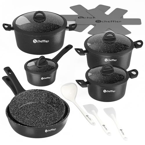 Topfset induktion Scheffler 15tlg Kochtopf Set,Antihaftbeschichtung Induktions Töpfe Set,Topfset Induktionsgeeignet,Töpfe und Pfannen Set für alle Herde Schwarz (HL-21PS102) von Scheffler