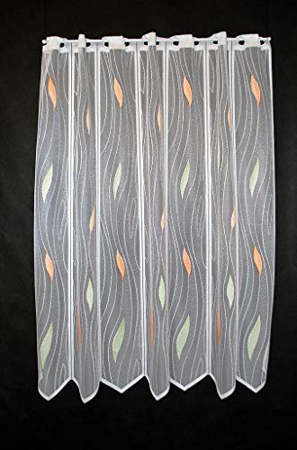 Scheibengardine Tropfenmuster 100 cm hoch weiß mit pastellgrün/pastellorange - Wunschbreite frei wählbar durch gekaufte Menge in 14 cm Schritten - Meterware von Scheibengardinen 90 - 130 cm hoch