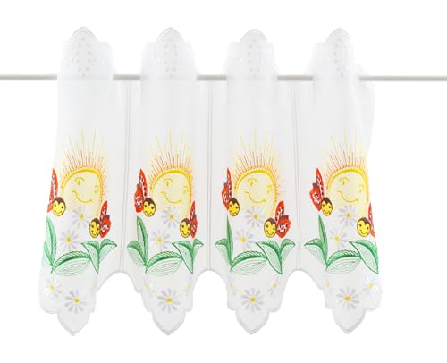 Scheibengardine Biene Hoehe 30 cm hoch weiß mit bunt - Wunschbreite frei wählbar durch gekaufte Menge in 16 cm Schritten - Meterware von Scheibengardinen Höhe Variabel