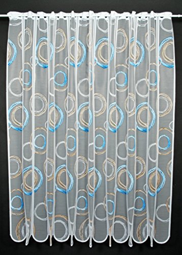 Scheibengardinen Höhe Variabel Scheibengardine Kringel 150 cm hoch weiß mit blau/Hellbraun - Wunschbreite frei wählbar durch gekaufte Menge in 11 cm Schritten - Meterware von Scheibengardinen Höhe Variabel