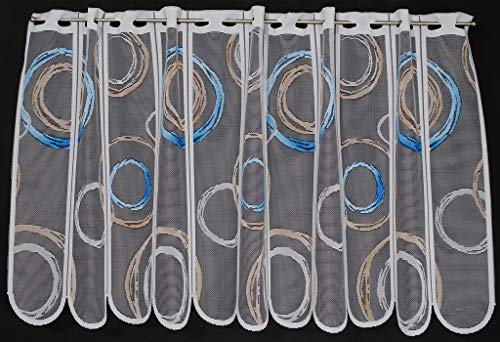 Scheibengardine Kringel 45 cm hoch weiß mit blau/Hellbraun - Wunschbreite frei wählbar durch gekaufte Menge in 11 cm Schritten - Meterware von Scheibengardinen Höhe Variabel