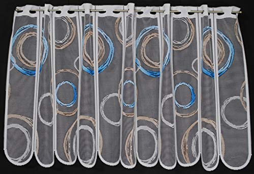Scheibengardine Kringel 60 cm hoch weiß mit blau/Hellbraun - Wunschbreite frei wählbar durch gekaufte Menge in 11 cm Schritten - Meterware von Scheibengardinen Höhe Variabel