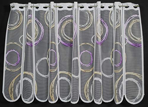 Scheibengardine Kringel 60 cm hoch weiß mit lila/orange - Wunschbreite frei wählbar durch gekaufte Menge in 11 cm Schritten - Meterware von Scheibengardinen Höhe Variabel