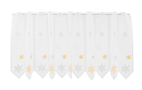 Scheibengardine Sterne 60 cm hoch weiß mit gelb/grau - Wunschbreite frei wählbar durch gekaufte Menge in 28 cm Schritten - Meterware von Scheibengardinen Höhe Variabel