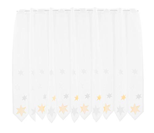 Scheibengardine Sterne 90 cm hoch weiß mit gelb/grau - Wunschbreite frei wählbar durch gekaufte Menge in 28 cm Schritten - Meterware von Scheibengardinen Höhe Variabel