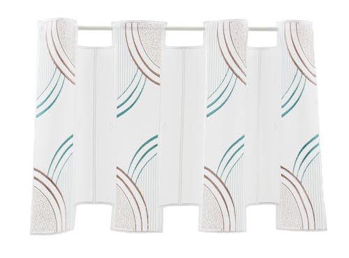 Scheibengardinen Höhe Variabel Scheibengardine Streifenmuster Welle 34 cm hoch weiß mit türkis/braun - Wunschbreite frei wählbar durch gekaufte Menge in 15,5 cm Schritten - Meterware von Scheibengardinen Höhe Variabel