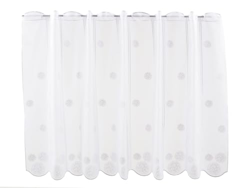 Scheibengardine bestickte Kugeln 100 cm hoch Weiß - Wunschbreite frei wählbar durch gekaufte Menge in 15,5 cm Schritten - Meterware von Scheibengardinen Höhe Variabel