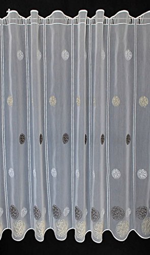 Scheibengardinen Höhe Variabel Scheibengardine bestickte Kugeln 100 cm hoch weiß mit Creme/braun - Wunschbreite frei wählbar durch gekaufte Menge in 15,5 cm Schritten - Meterware von Scheibengardinen Höhe Variabel
