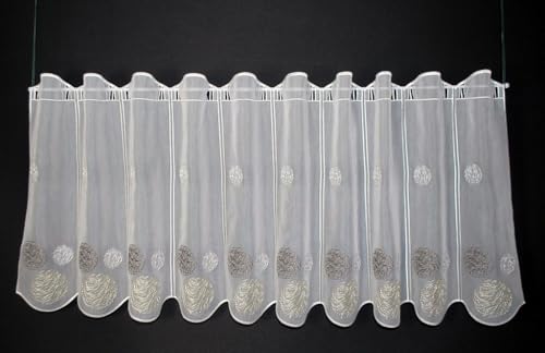 Scheibengardinen Höhe Variabel Scheibengardine bestickte Kugeln 50 cm hoch weiß mit Creme/braun - Wunschbreite frei wählbar durch gekaufte Menge in 15,5 cm Schritten - Meterware von Scheibengardinen Höhe Variabel