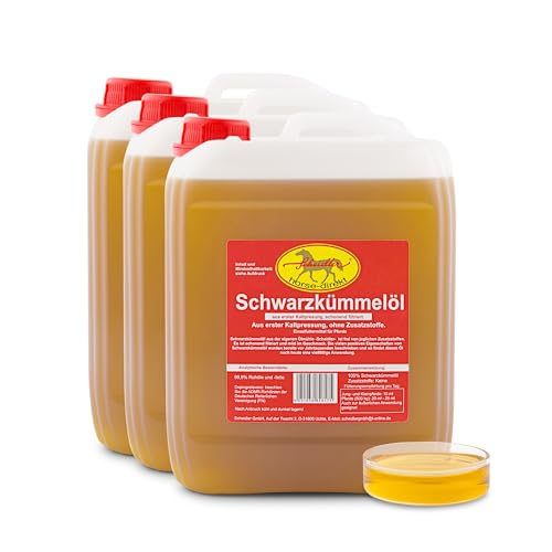Scheidler horse-direkt 3 x 2,5 L Premium Schwarzkümmelöl für Pferde und Hunde Kaltgepresst Kanister – Frisch Aus Eigener Pressung von Scheidler horse-direkt