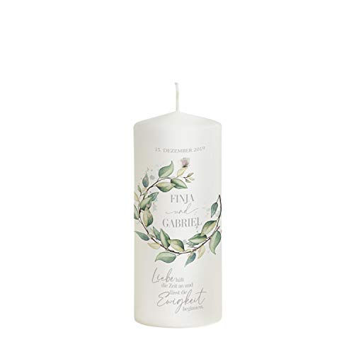 Scheinvoll® Hochzeitskerze Eukalyptus mit Namen, Datum und Spruch - Modell Ewigkeit - Personalisiertes Geschenk zur Hochzeit (20 x 8 cm) von Scheinvoll
