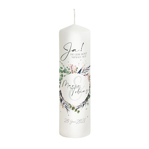 Scheinvoll® Hochzeitskerze Floral Circle mit Namen, Datum und Spruch - Modell "Ja die Liebe" - Wunderschöne Kerze mit Blumen Design (25 x 8 cm) von Scheinvoll