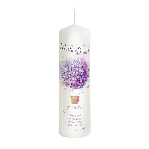 Scheinvoll® Hochzeitskerze Heißluftballon Hortensie mit Namen, Datum und Spruch - Modell Marlene - Kerze mit Lila Blumen (25 x 8 cm) von Scheinvoll