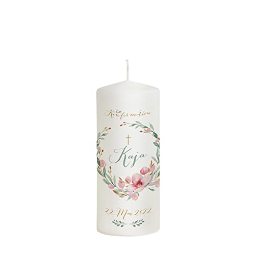 Scheinvoll® Konfirmationskerze Kirschblüten personalisiert mit Namen, Datum und Spruch - Modell Kaya - Andenken und Dekoration zur Konfirmation (20 x 8 cm) von Scheinvoll