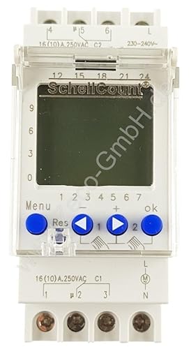 SchellCount Digitale 2 Kanal Zeitschaltuhr/Wochenzeitschaltuhr mit LC Display und 44 Programmplätzen für die Montage auf DIN Hutschiene von SchellCount