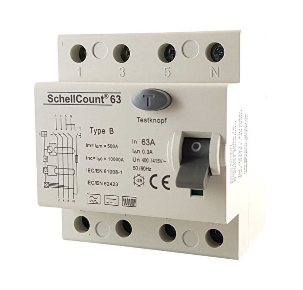 Schellcount Schalter Fehlerstromschutzschalter 63A - 300mA - 0,3A Allstromsensitiv, Typ B Schellcount Schalter Fehlerstromschutzschalter 63A - 300mA - 0,3A Allstromsensitiv, Typ B von Schellcount