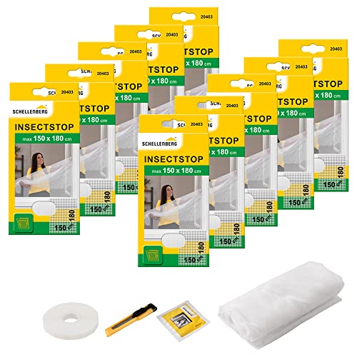 Schellenberg 10er Spar-Pack 20403 Fliegengitter für Fenster, Insektenschutz ohne Bohren, zuverlässiger Schutz gegen Mücken, Fliegen, Insekten & Ungeziefer, inkl. Befestigungsband, 150 x 180 cm, weiß von Schellenberg