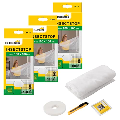 Schellenberg 3er Spar-Pack 50710 Fliegengitter für Fenster, Insektenschutz ohne Bohren, zuverlässiger Schutz gegen Mücken, Fliegen, Insekten & Ungeziefer, inkl. Befestigungsband, 100 x 100 cm, weiß von Schellenberg