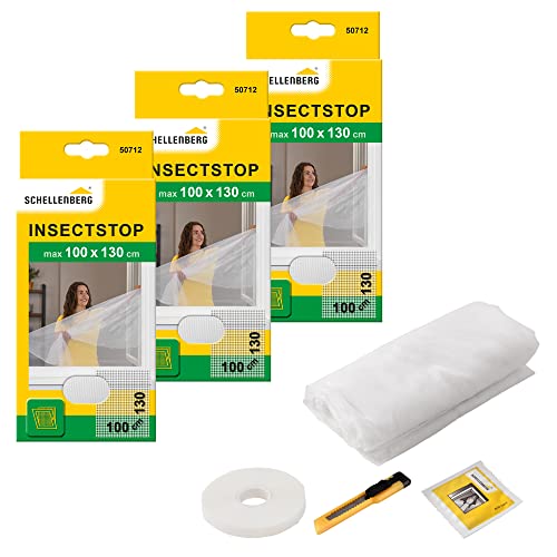 Schellenberg 3er Spar-Pack 50712 Fliegengitter für Fenster, Insektenschutz ohne Bohren, Schutz vor Mücken, Fliegen, Insekten & Ungeziefer, 100 x 130 cm, inkl. Befestigungsband, weiß von Schellenberg