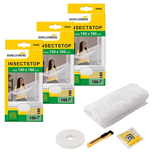 Schellenberg 3er Spar-Pack 20403 Fliegengitter für Fenster, Insektenschutz ohne Bohren, zuverlässiger Schutz gegen Mücken, Fliegen, Insekten & Ungeziefer, inkl. Befestigungsband, 150 x 180 cm, weiß von Schellenberg