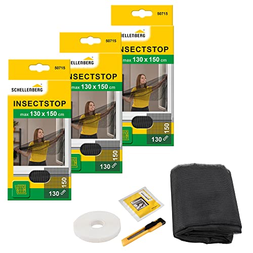 Schellenberg 3er Spar-Pack 50715 Fliegengitter für Fenster Insektenschutz und Mückenschutz inkl. Klebestreifen, ohne Bohren, 130 x 150 cm, anthrazit von Schellenberg