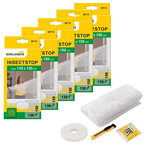 Schellenberg 5er Spar-Pack 50714 Fliegengitter für Fenster, Insektenschutz ohne Bohren, zuverlässiger Schutz gegen Mücken und Fliegen, inkl. Befestigungsband, 130 x 150 cm, weiß von Schellenberg