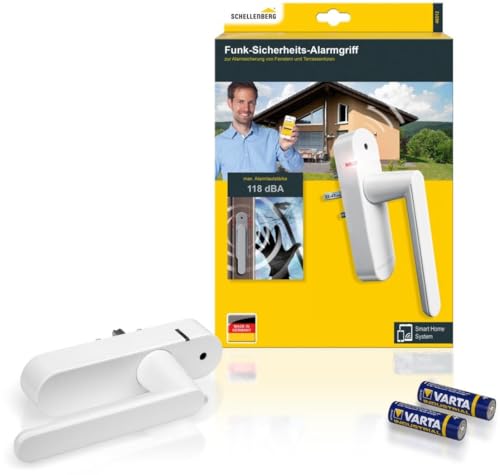 Schellenberg 46512 Fenstergriff mit Alarm, Balkontürgriff, Smart Home Funk-Alarmgriff - für mehr Sicherheit, laute Alarmfunktion, 32-43 mm Vierkantlänge - stufenlos einstellbar, Weiß von Schellenberg