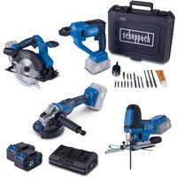 Akku-Aktions-Set AS100 Scheppach - 20V | Stichsäge | Handkreissäge | Winkelschleifer | Bohrhammer | inkl. 2x 4Ah Akku & 2,4A Doppelladegerät von Scheppach