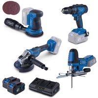 Akku-Aktions-Set AS200 Scheppach - 20V | Stichsäge | Bohrschrauber | Exzenterschleifer | Winkelschleifer | inkl. 2x 4Ah Akku & 2,4A Doppelladegerät von Scheppach