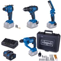 Akku-Aktions-Set AS300 Scheppach - 20V | Bohrhammer | Bohrschrauber | Handkompressor | Arbeitsleuchte | inkl. 4Ah Akku & 2,4A Doppelladegerät von Scheppach