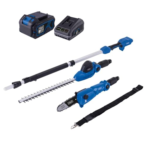 Scheppach 2in1 Akku-Multifunktionsgerät C-PHTS410-X 20V | Schnittlänge Heckenschere/Hochentaster: 410/180 mm | 20V-IXES-Serie | Schultergurt & Softgrip | mit 4Ah Akku & Ladegerät von Scheppach