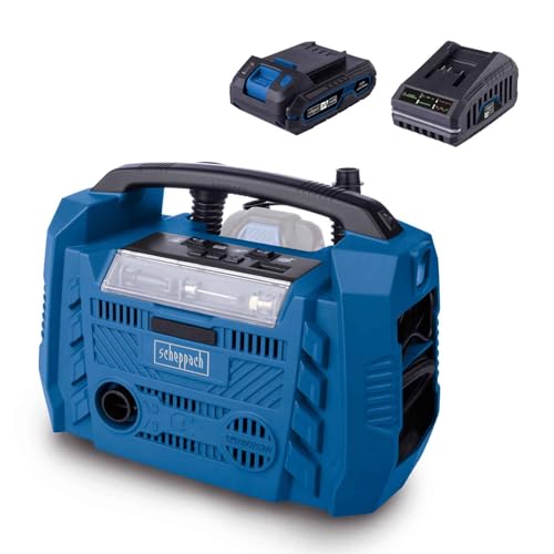 Scheppach Akku-Kompressor Airforce 6 20V Hybrid Kompressor | Luftleistung 21 L/min | Hochdruckschlauch 75cm | 3 Antriebsarten | USB-A & USB-C Anschluss | 20V-IXES-Serie | mit 2Ah Akku & 2,4A Ladegerät von Scheppach