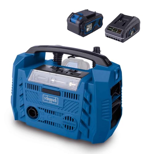 Scheppach Akku-Kompressor Airforce 6 20V Hybrid Kompressor | Luftleistung 21 L/min | Hochdruckschlauch 75cm | 3 Antriebsarten | USB-A & USB-C Anschluss | 20V-IXES-Serie | mit 4Ah Akku & 2,4A Ladegerät von Scheppach