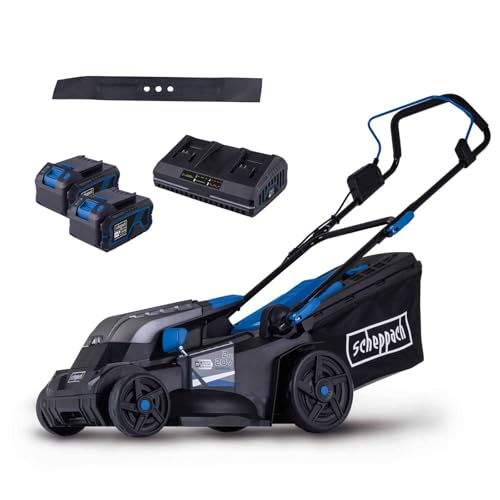 Scheppach Akku-Rasenmäher BC-MP380-X 20V Brushless | 38cm Schnittbreite | für 450-500 m2 | Schnitthöhenverstellung von 25–75mm | 45L Korb | Mulcheinsatz | mit 2X 4Ah Akku, Doppelladegerät & Messer von Scheppach