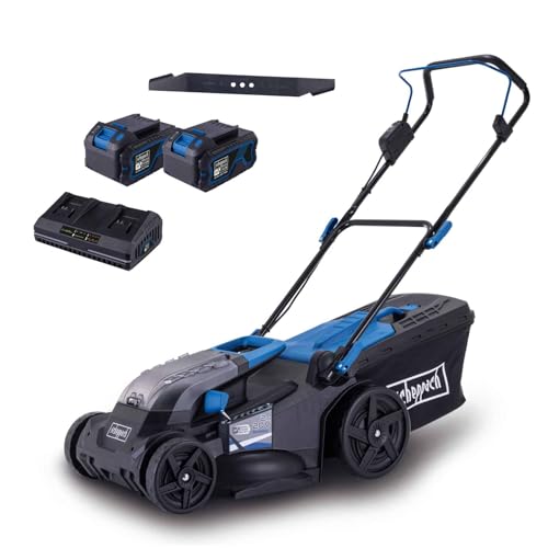 Scheppach Akku-Rasenmäher BC-MP430-X 20V Brushless | 43cm Schnittbreite | für 600-700 m2 | Schnitthöhenverstellung von 25–75mm | 50L Korb | Mulcheinsatz | mit 2X 4Ah Akku, Doppelladegerät & Messer von Scheppach