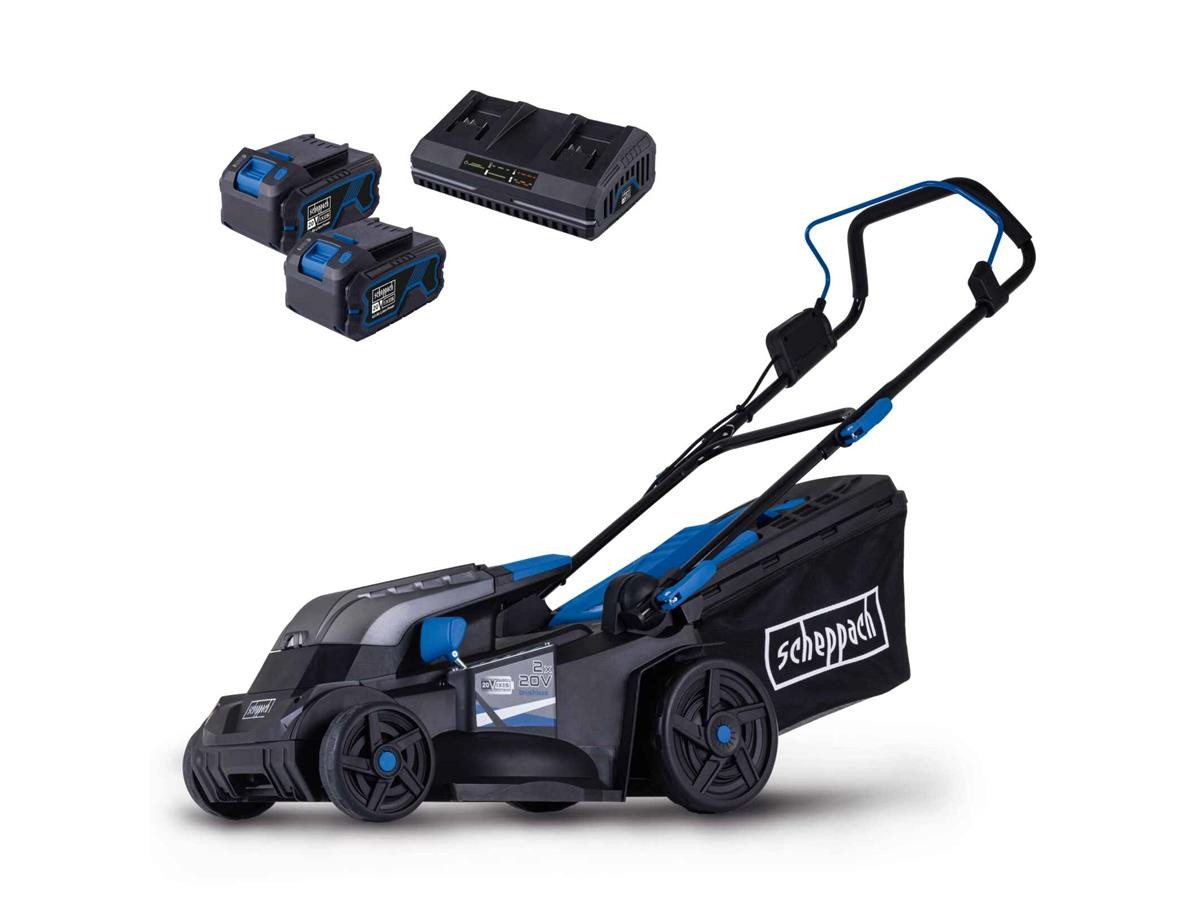 Scheppach Akkurasenmäher BC-MP380-X, 38 cm Schnittbreite, (Set), bürstenloser Motor, Mulcheinsatz, inkl. 4Ah Akku und Doppelladegerät von Scheppach