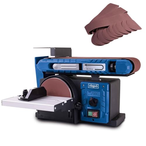 Scheppach Band- & Tellerschleifer BTS800Vario Schleifmaschine mit LCD Display & stufenloser Vario Speed | 400W | klappbar | Schleifband 915x100mm | Ø150mm Klettschleifteller (inkl. 12-tlg Schleifset) von Scheppach