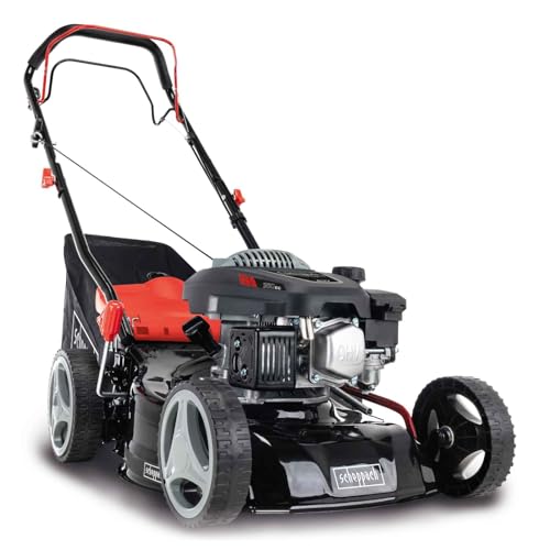Scheppach Benzin Rasenmäher MS150-42 - 3,5PS | Schnittbreite 42cm | Radantrieb | Stahlgehäuse | Reinigungsfunktion | Mulchfunktion | 45 Liter Fangkorb | Höhenverstellung in 7 Stufen (25-75mm) von Scheppach
