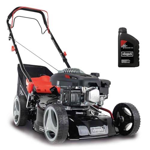 Scheppach Benzin Rasenmäher MS150-42 - 3,5PS | Schnittbreite 42cm | Radantrieb | Stahlgehäuse | Reinigungsfunktion | Mulchfunktion | 45L Korb | 7-stufige Höhenverstellung (25-75mm) | inkl. Motoröl von Scheppach